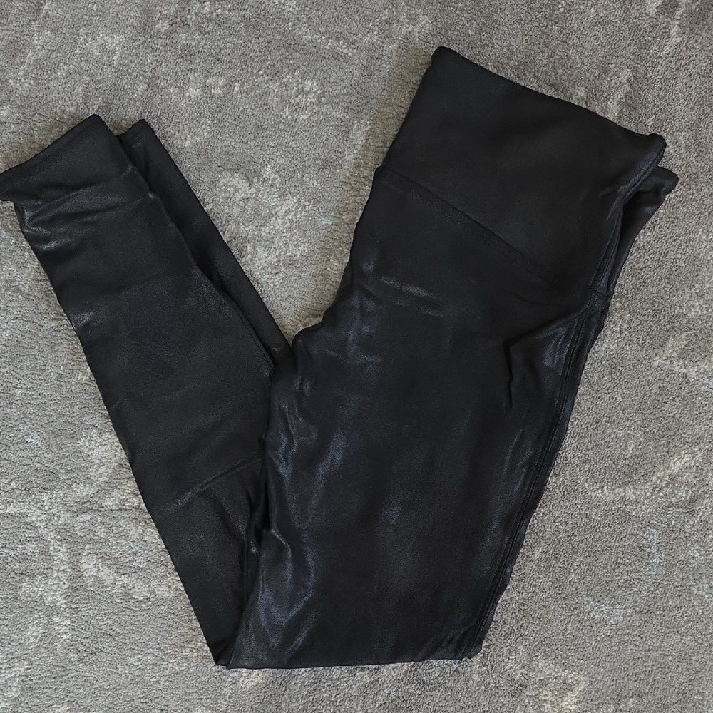 SPANX Black Faux Leather Shaping Leggings XL Midi 7/8 Length